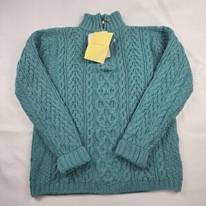 Aran Crafts Sweater Womens Medium Blue Merino Wool 1/4 Zip Cable Knit Pullover